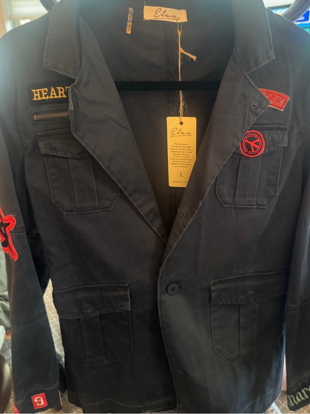 Elan Black Utility Jacket with Red Patch Accents